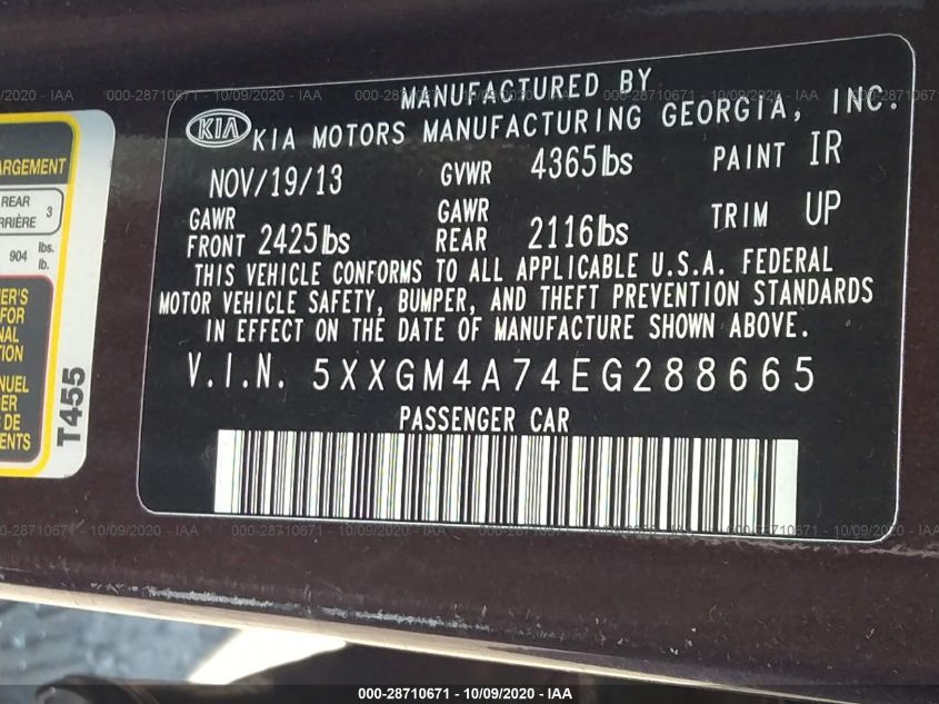 2014 KIA OPTIMA LX 5XXGM4A74EG288665