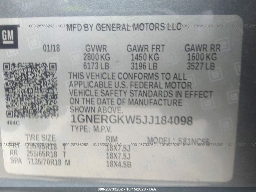 2018 CHEVROLET TRAVERSE LT CLOTH 1GNERGKW5JJ184098