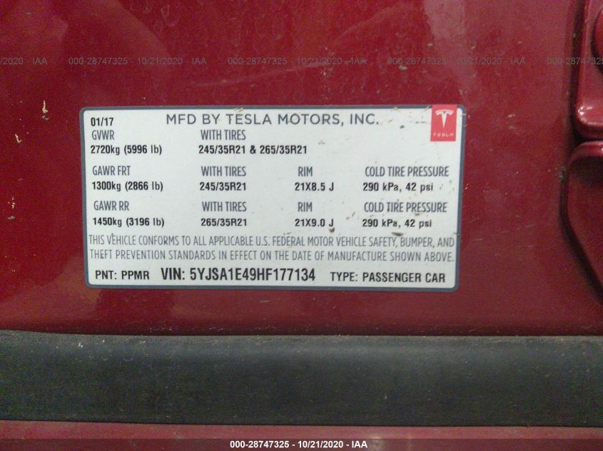 2017 TESLA MODEL S 100D/90D/75D/60D/P100D 5YJSA1E49HF177134