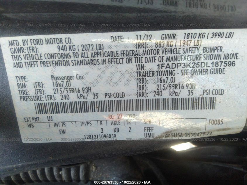 2013 FORD FOCUS SE 1FADP3K25DL187596