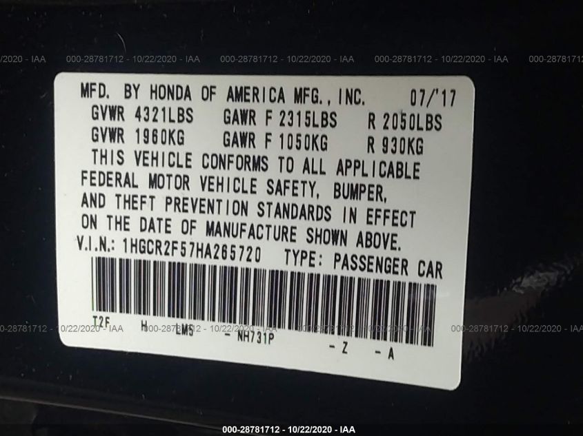 2017 HONDA ACCORD SEDAN SPORT 1HGCR2F57HA265720