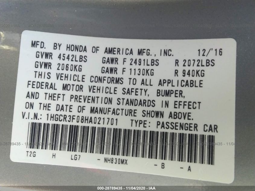 2017 HONDA ACCORD SEDAN EX-L V6 1HGCR3F08HA021701