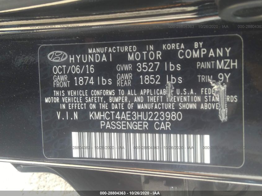 2017 HYUNDAI ACCENT SE KMHCT4AE3HU223980