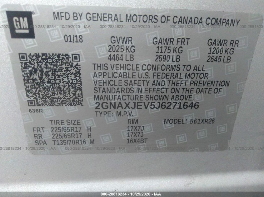 2018 CHEVROLET EQUINOX LT 2GNAXJEV5J6271646