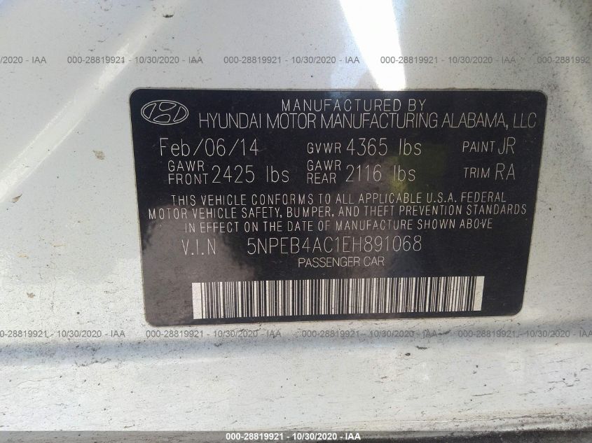 2014 HYUNDAI SONATA GLS 5NPEB4AC1EH891068