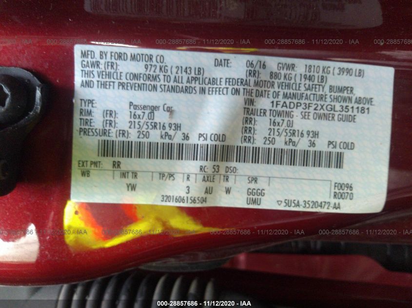 2016 FORD FOCUS SE 1FADP3F2XGL351181