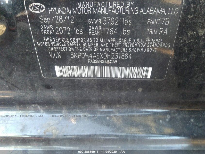2013 HYUNDAI ELANTRA GLS 5NPDH4AEXDH231864