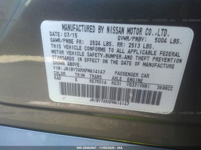 2015 INFINITI Q50 PREMIUM JN1BV7ARXFM414147
