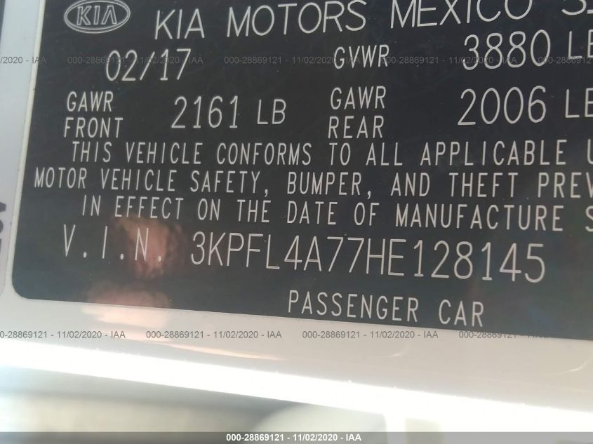 2017 KIA FORTE S 3KPFL4A77HE128145