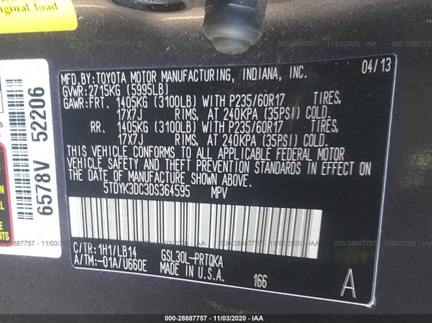 2013 TOYOTA SIENNA XLE AAS/XLE/LTD 5TDYK3DC3DS364595