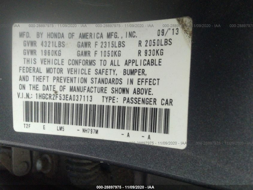 2014 HONDA ACCORD SDN SPORT 1HGCR2F53EA037113