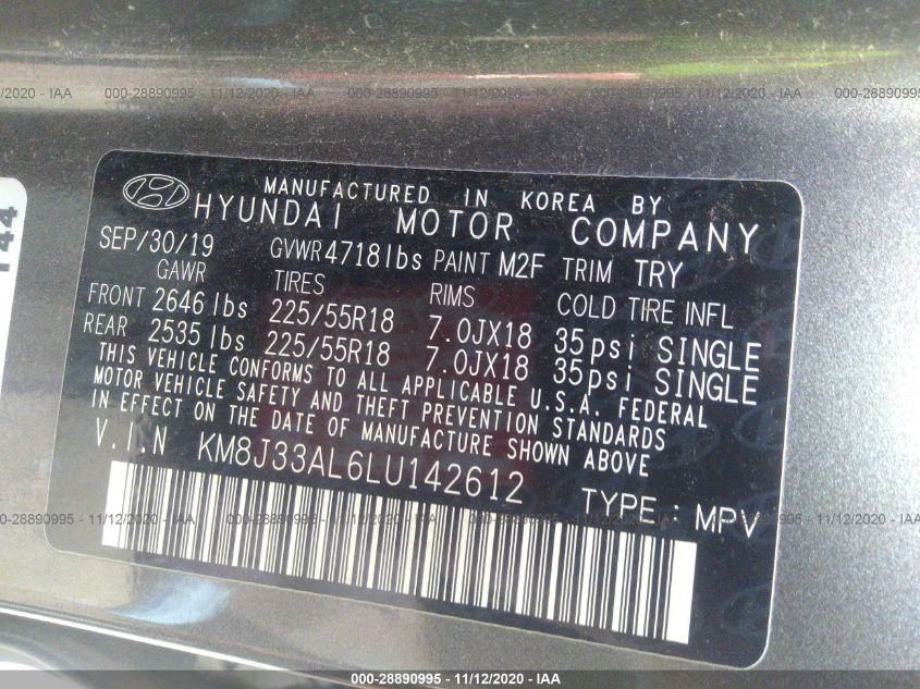 2020 HYUNDAI TUCSON SEL KM8J33AL6LU142612
