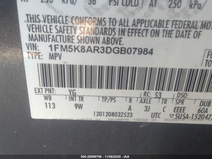 2013 FORD UTILITY POLICE 1FM5K8AR3DGB07984