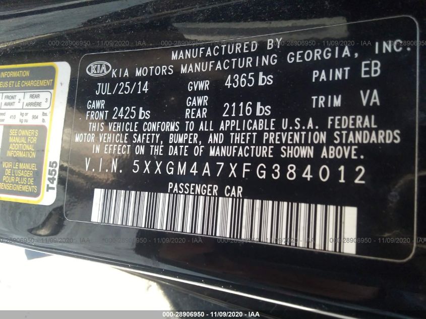 2015 KIA OPTIMA LX 5XXGM4A7XFG384012