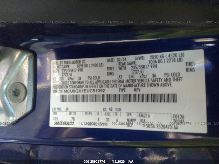 2014 FORD ESCAPE SE 1FMCU0GX1EUC51092