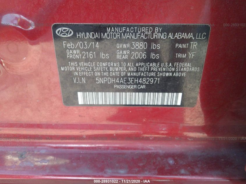 2014 HYUNDAI ELANTRA LIMITED 5NPDH4AE3EH482971