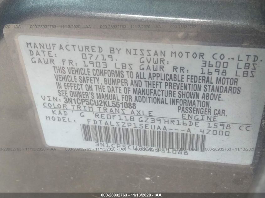 2019 NISSAN KICKS SV 3N1CP5CU2KL551088
