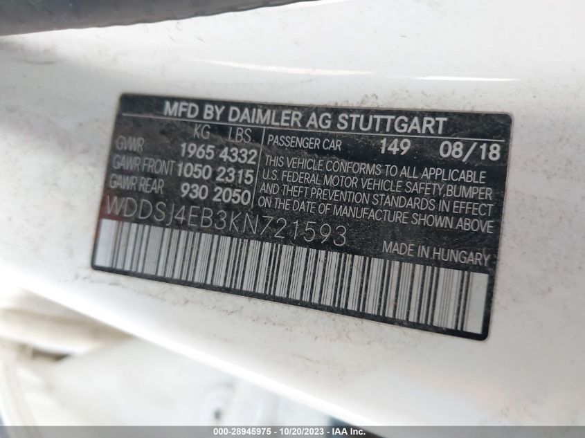 2019 MERCEDES-BENZ CLA CLA 250 WDDSJ4EB3KN721593