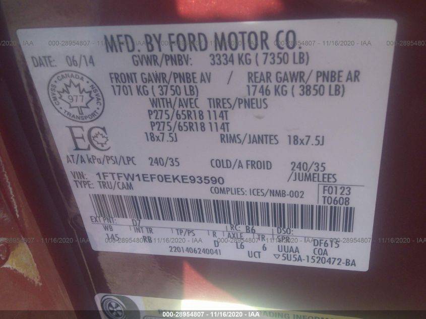 2014 FORD F-150 XL/XLT/STX/FX4/LARIAT 1FTFW1EF0EKE93590