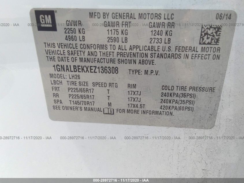 2014 CHEVROLET EQUINOX LT 1GNALBEKXEZ136308