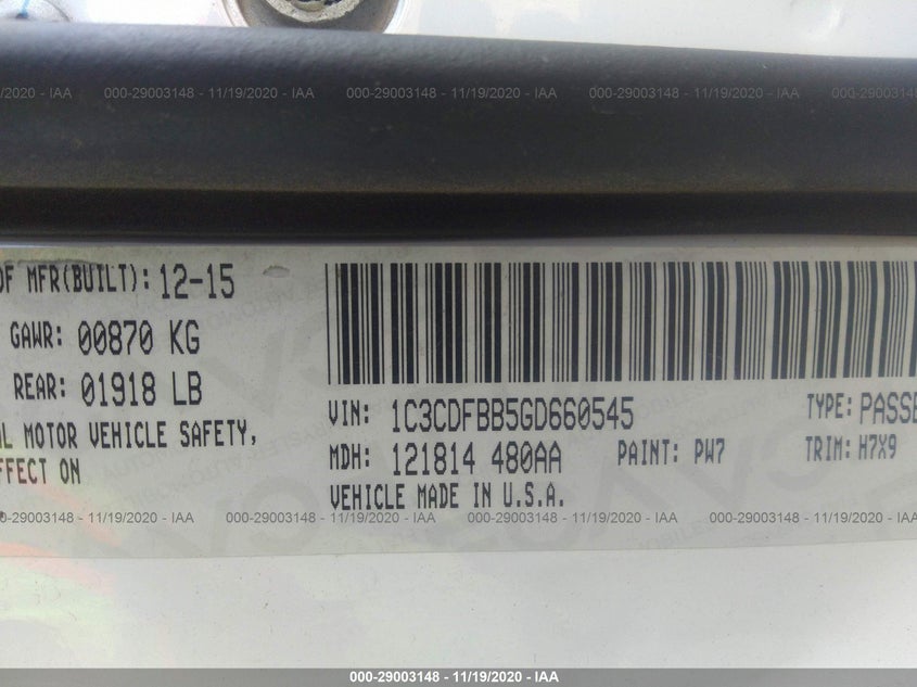 DODGE DART 2016 VIN 1C3CDFBB5GD660545