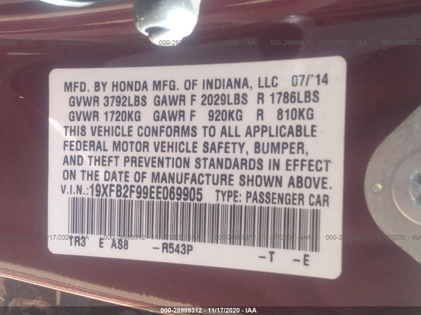 2014 HONDA CIVIC SEDAN EX-L 19XFB2F99EE069905