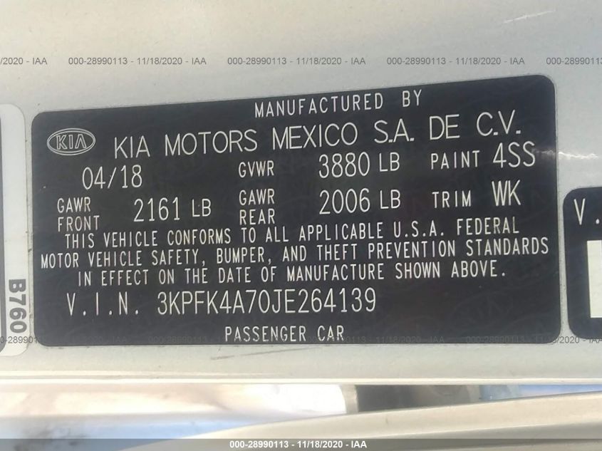 2018 KIA FORTE LX 3KPFK4A70JE264139