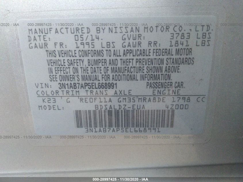 2014 NISSAN SENTRA SV 3N1AB7AP5EL668991