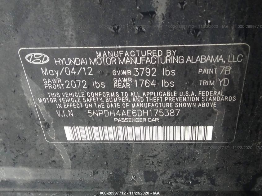 2013 HYUNDAI ELANTRA GLS 5NPDH4AE6DH175387