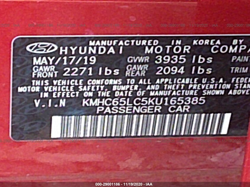 2019 HYUNDAI IONIQ HYBRID BLUE KMHC65LC5KU165385