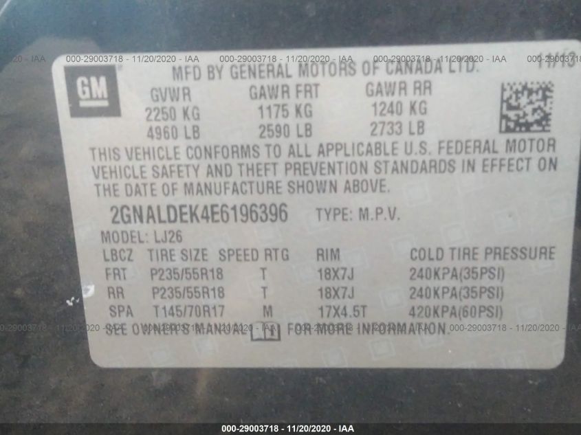 2014 CHEVROLET EQUINOX LTZ 2GNALDEK4E6196396