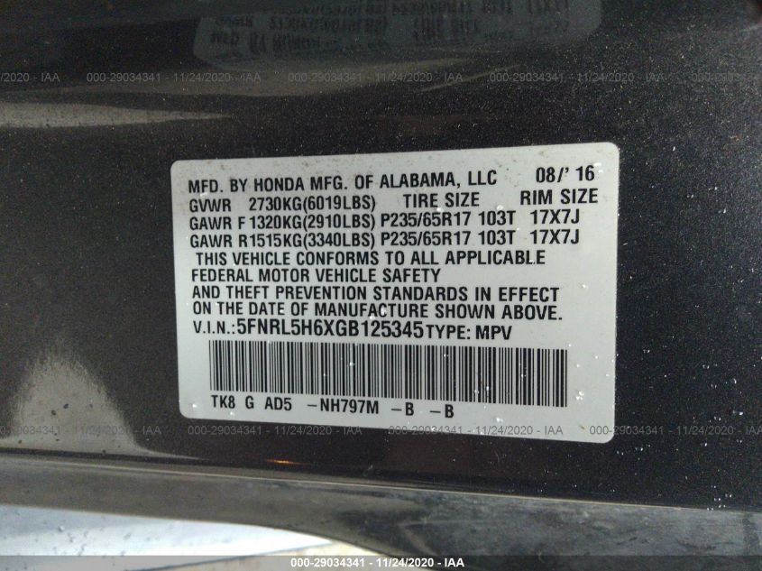 2016 HONDA ODYSSEY EX-L 5FNRL5H6XGB125345