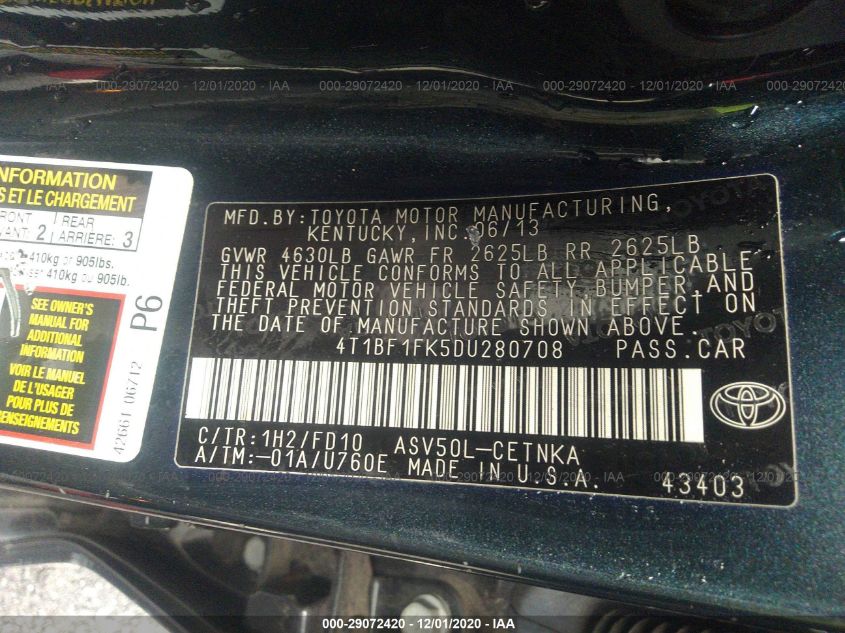 2013 TOYOTA CAMRY L/LE/SE/XLE 4T1BF1FK5DU280708