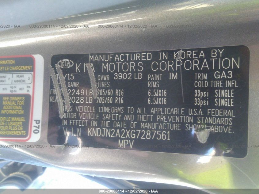 2016 KIA SOUL BASE KNDJN2A2XG7287561