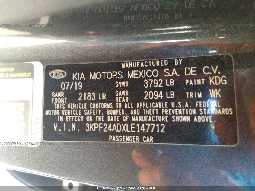 2020 KIA FORTE LXS 3KPF24ADXLE147712