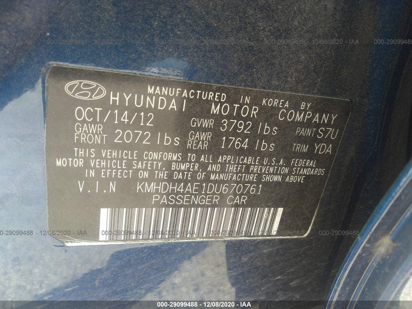 2013 HYUNDAI ELANTRA VIN: KMHDH4AE1DU670761
