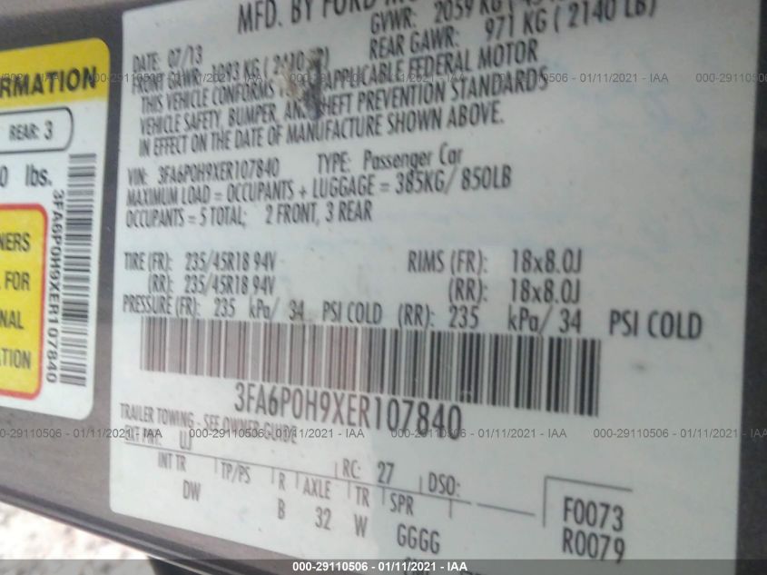 2014 FORD FUSION SE 3FA6P0H9XER107840