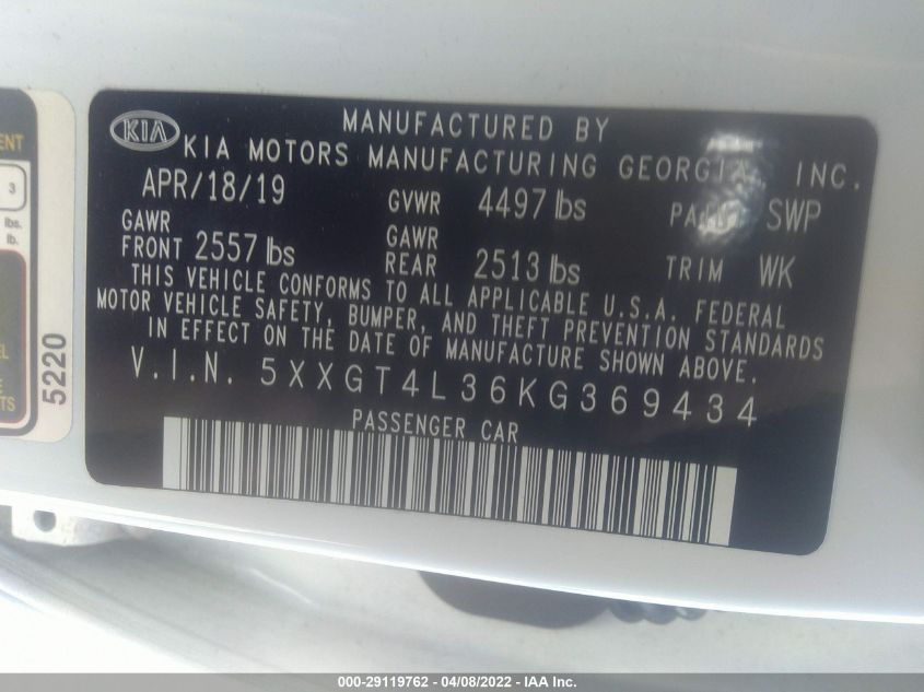 2019 KIA OPTIMA LX 5XXGT4L36KG369434