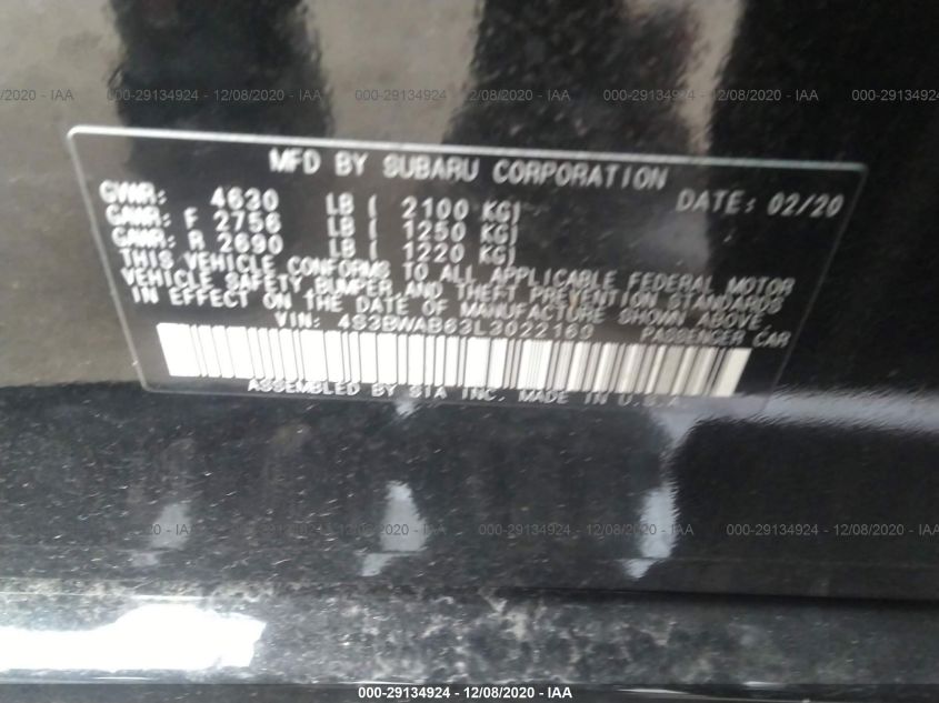 2020 SUBARU LEGACY 4S3BWAB63L3022169