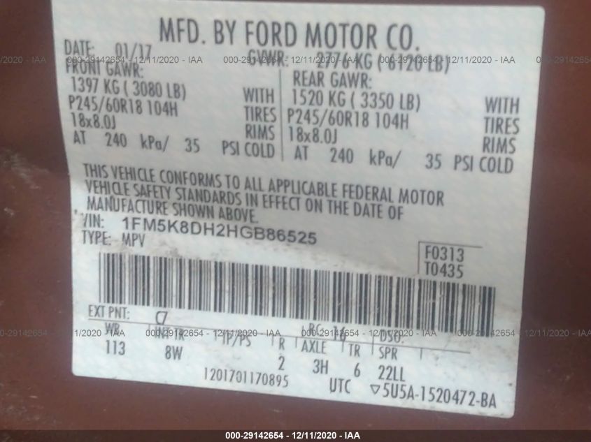 2017 FORD EXPLORER XLT 1FM5K8DH2HGB86525