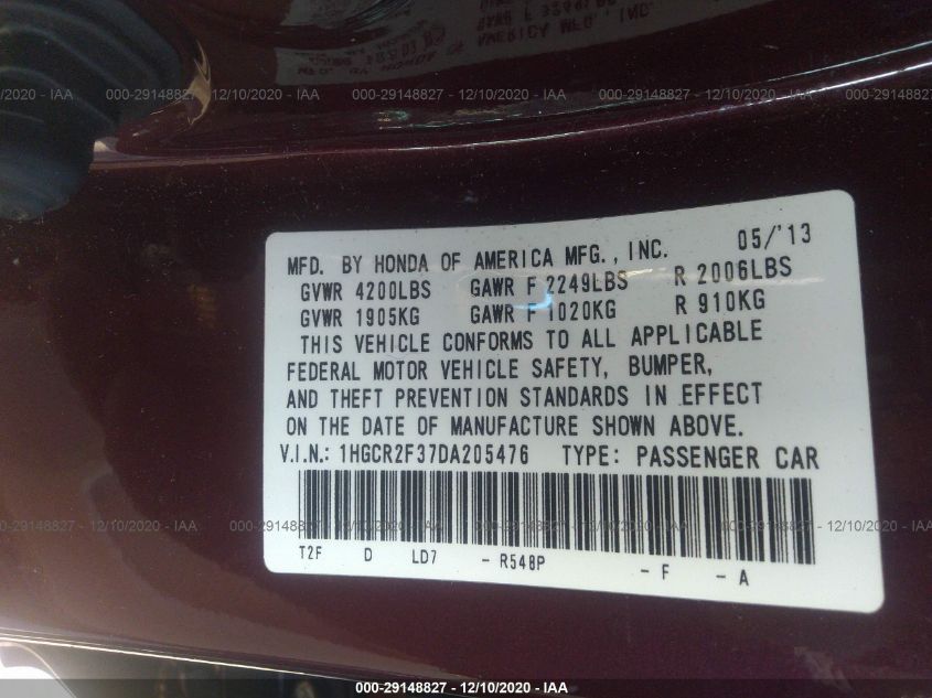 2013 HONDA ACCORD SDN LX 1HGCR2F37DA205476