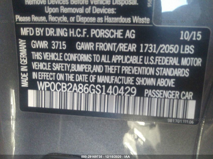 2016 PORSCHE BOXSTER S/GTS WP0CB2A86GS140429