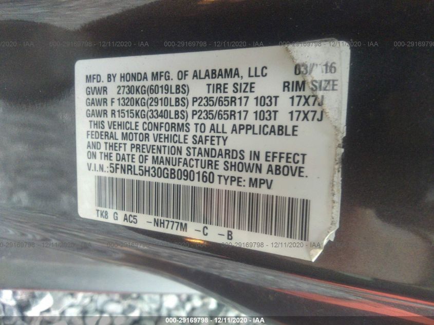 2016 HONDA ODYSSEY SE 5FNRL5H30GB090160
