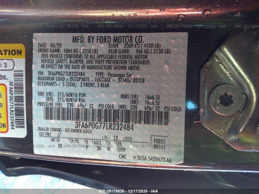 2020 FORD FUSION S 3FA6P0G77LR232484