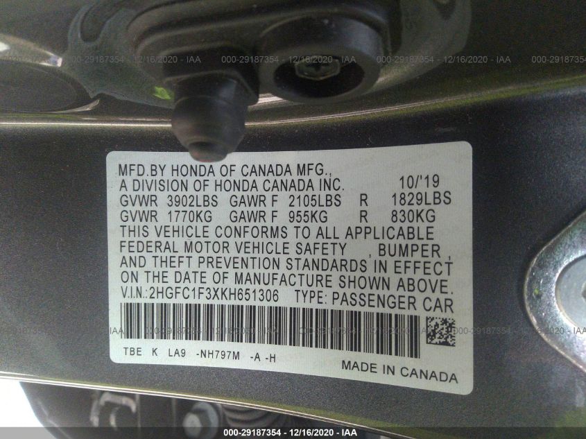 2019 HONDA CIVIC SEDAN EX 2HGFC1F3XKH651306