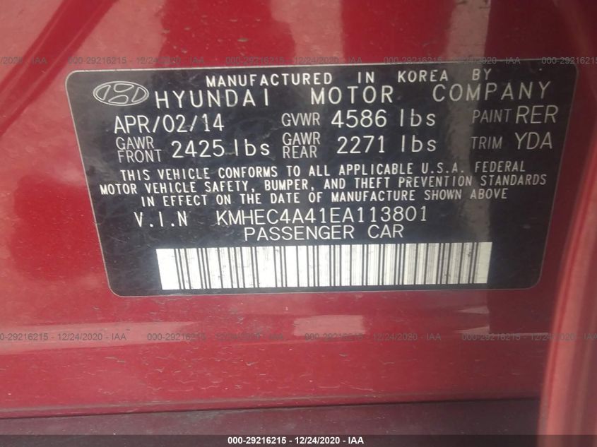 2014 HYUNDAI SONATA HYBRID KMHEC4A41EA113801