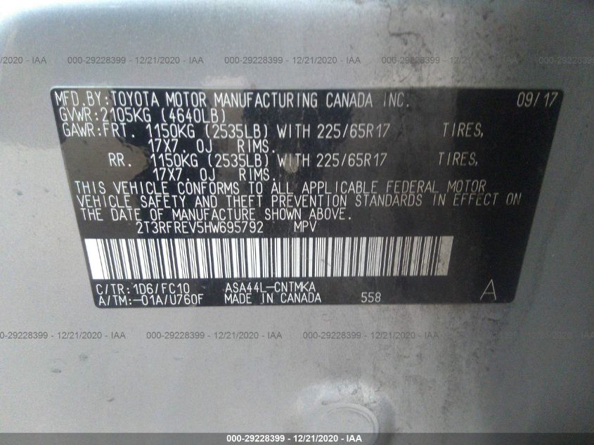 2017 TOYOTA RAV4 XLE 2T3RFREV5HW695792