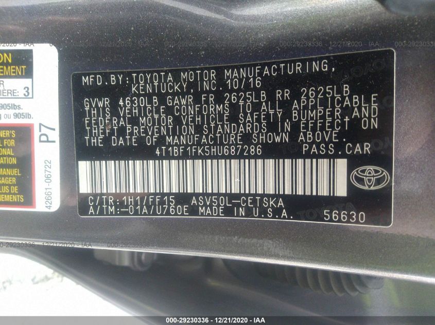 2017 TOYOTA CAMRY XLE/SE/LE/XSE 4T1BF1FK5HU687286
