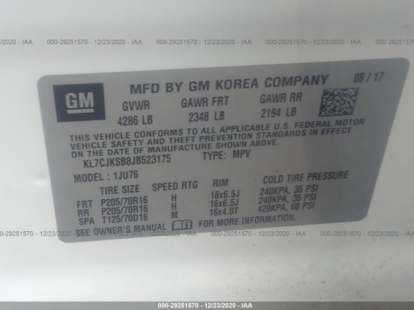 2018 CHEVROLET TRAX LS KL7CJKSB8JB523175