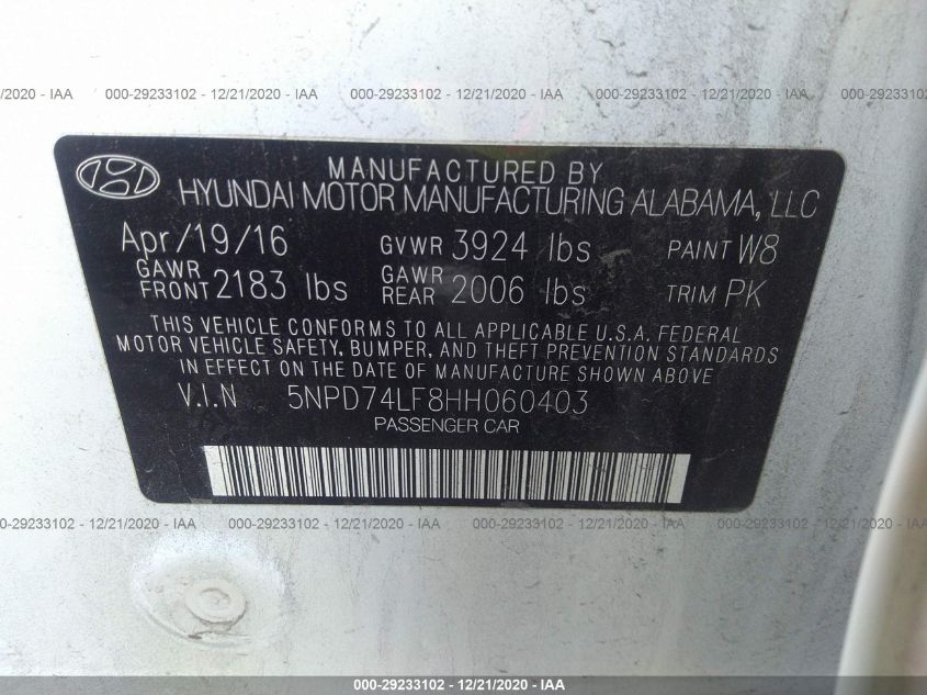 2017 HYUNDAI ELANTRA SE 5NPD74LF8HH060403